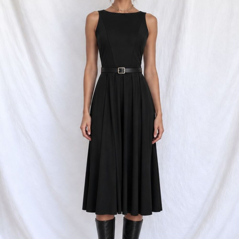 Vintage Y2K 90s Black Knee Length Flared Pleated Knit Cocktail Dress Size S/M